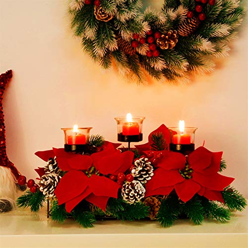 Christmas Poinsettia Centerpiece w/ 3 Candle Holders