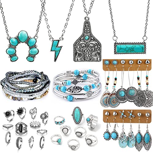 47 PCS Silver Bohemian Jewelry Set With 4pcs Turquoise Necklace,12 pairs Dangle Earrings, 11pcs Stackable Bangle Bracelets, 20pcs Knuckle Rings For Women Girls Vintage Western Boho Turquoise Anniversary Birthday Friendship Gift