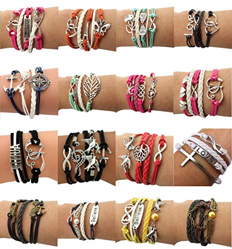 16pcs Vintage Multilayer Woven Leather Alloy Owl Braided Infinity Bracelets for Women