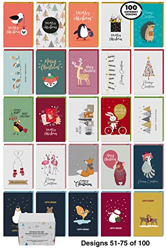 100 Modern Christmas & Happy Holiday Cards w/ Colorful Envelopes