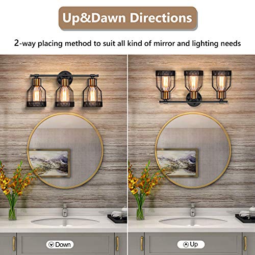 3-Light Farmhouse Bathroom Vanity Light Fixtures, Industrial Black & Gold E26 Socket