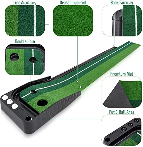 Indoor Golf Putting Green – Portable Mat w/ Auto Ball Return Function- 3 Bonus Balls