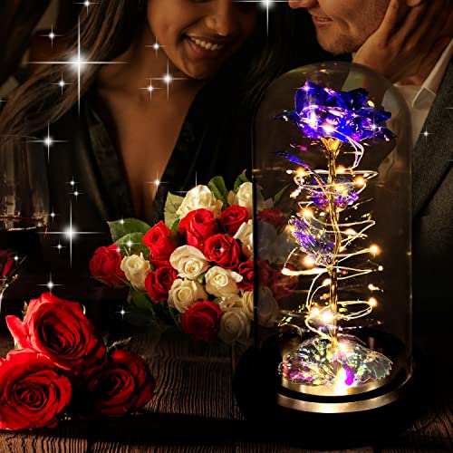 Rotating Romantic Roses Light Up Rose in Glass Dome, Spinning Colorful Artificial Rose Flower Gifts for Her