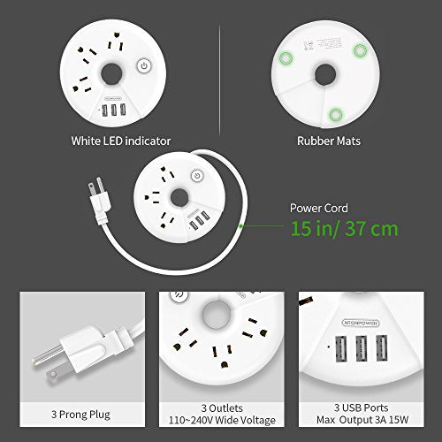 15" Portable Charging Station 3 USB w/o Surge Protector Short Extension Cord