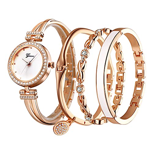 Elegant Rose Gold/Silver Watch & 3 Bracelets Set for Women