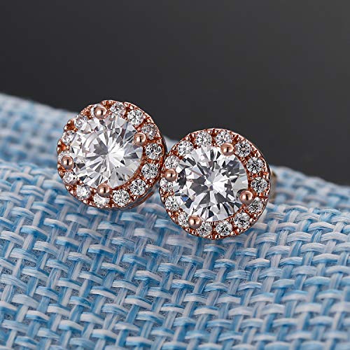 18K White Gold Plated Round Square Cubic Zirconia Simulated Diamond Halo Stud Earrings (2 Pairs)