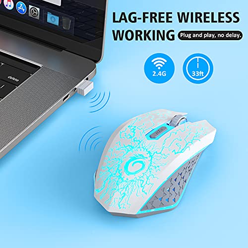 Wireless Gaming Mouse, Rechargeable w/ Colorful LED Lights, Silent Click, 2.4G USB Nano Receiver