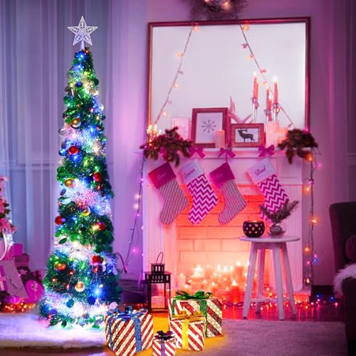 Dual Color Change Lights & Timer - 5 Ft Tinsel Christmas Tree Ball Ornaments Star Pop up Christmas Tree Battery