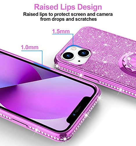 Phone Case for iPhone 13, Glitter Protective Case w/ 360 Degree Ring Stand