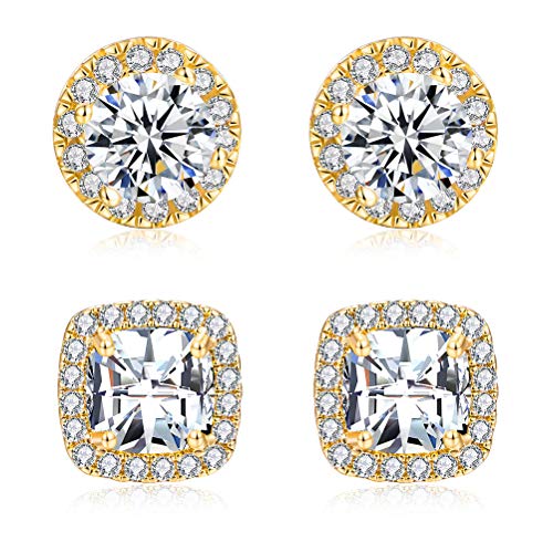 18K White Gold Plated Round Square Cubic Zirconia Simulated Diamond Halo Stud Earrings (2 Pairs)