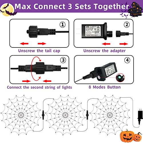 3.9FT Diameter 80 LED Halloween Spider Web Lights w/ Black Spider