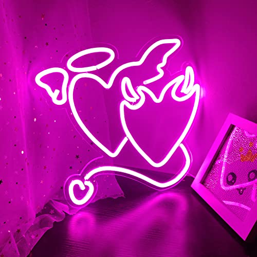 Pink Neon Sign  Heart Angel Demon for Wall Decoration