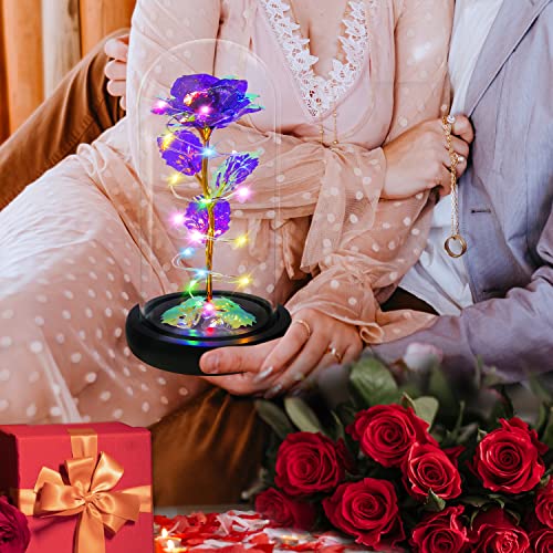 Rotating Romantic Roses Light Up Rose in Glass Dome, Spinning Colorful Artificial Rose Flower Gifts for Her