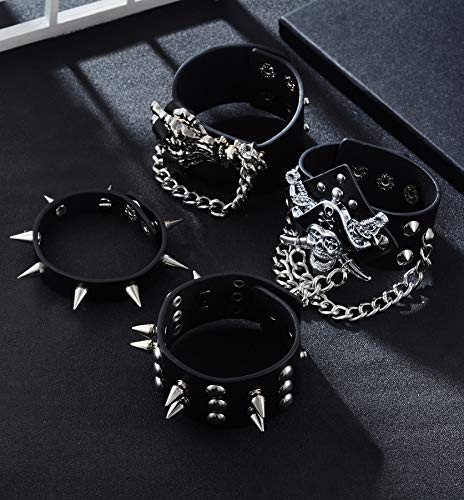 4Pcs Spike Studded Rivet Skull Demon Black Punk  Bracelet for Men/Women