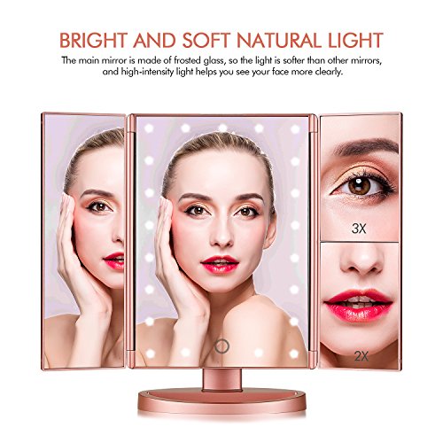 Tri-fold Lighted Vanity Makeup Mirror w/ 3x/2x Magnification, Touch Screen &180 Degree Free Rotation