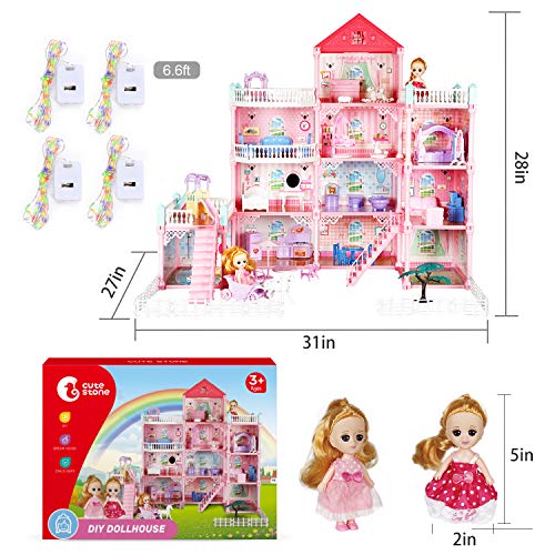 11 Rooms Huge Dollhouse with 2 Dolls and Colorful Light, 31" x 28" x 27" Dream House