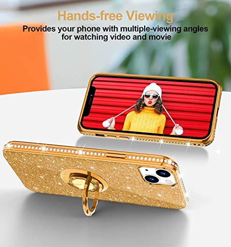 Phone Case for iPhone 13, Glitter Protective Case w/ 360 Degree Ring Stand