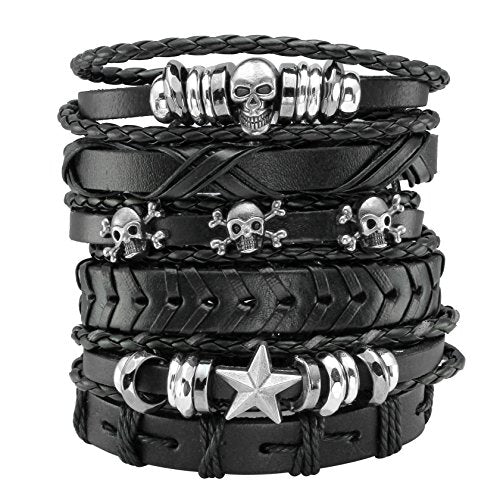 6 Pcs Leather Punk Skull Braided Bracelet  for Men/Women