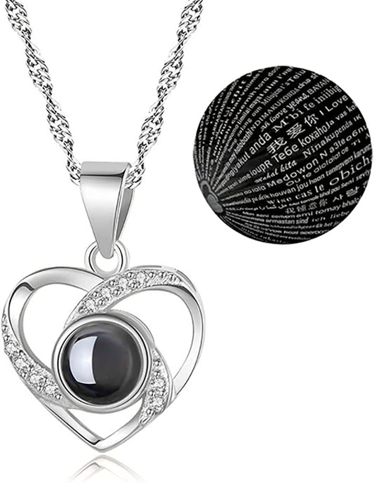 I Love You Heart Necklace 100 Languages Titanium Steel Projection Valentines Gift for Women