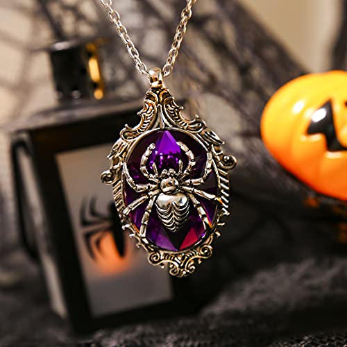 Halloween Costumes Jewelry For Women, Gothic Retro Purple Glass Stone Oval Pendant Necklace Scary Spider