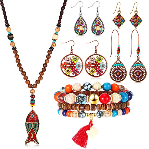 Beautiful 6 Pcs Boho Jewelry Set Vintage Dangle Earrings Beaded Bracelets Animal Tribe Beads Necklace for Women