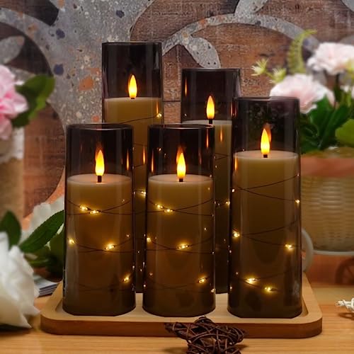 Flameless LED Timer 5 Pc Flickering Flameless Candles for Romantic Ambiance & Home Decoration Durable Acrylic Shell w/  Embedded Star String