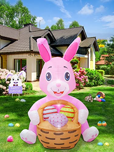 6FT Easter Inflatables Pink Bunny Outdoor Decor w/ Build-in LED Light