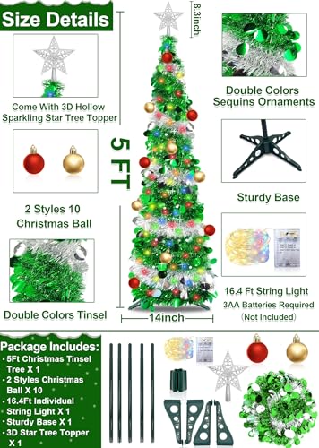 Dual Color Change Lights & Timer - 5 Ft Tinsel Christmas Tree Ball Ornaments Star Pop up Christmas Tree Battery