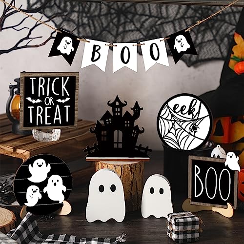 15 Pcs Halloween Tiered Tray  Set Cute  Wooden Signs Farmhouse Rustic