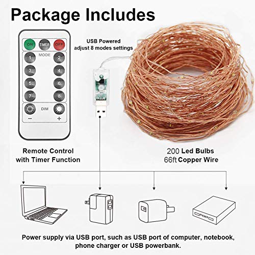 Twinkle Star 200 LED 66 FT Copper String Lights Fairy String Lights 8 Modes LED Lights USB Powered with Remote Control