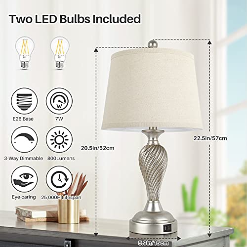 Touch Control 3-Way Dimmable Table Lamps Silver w/ USB, LED Bulbs Included