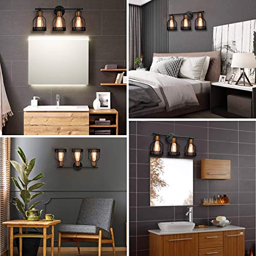 3-Light Farmhouse Bathroom Vanity Light Fixtures, Industrial Black & Gold E26 Socket