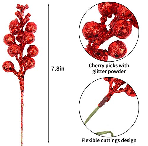 Glitter Berry Stems-20 Pcs 7.8 Inch Artificial Christmas Tree Picks Decoration