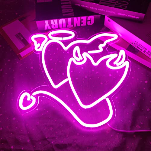 Pink Neon Sign  Heart Angel Demon for Wall Decoration