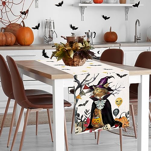 Pumpkins Cat Halloween Table Runner Trick Or Treat Kitchen Dining Table Decoration for Outdoor