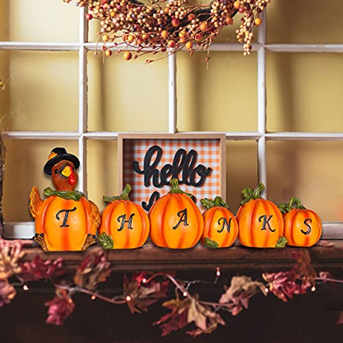 Set of 6 Tabletop Hand-Painted Resin Pumpkin Figurines Thanksgiving Decorations with Engraved Thanks