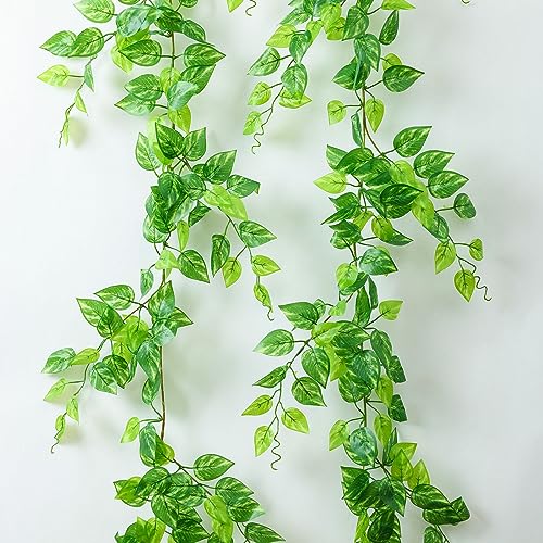 2 Strands Artificial Vines Scindapsus Garland 6FT Real Touch Fake Vine with Silk Green Leaves Faux Hanging Plants