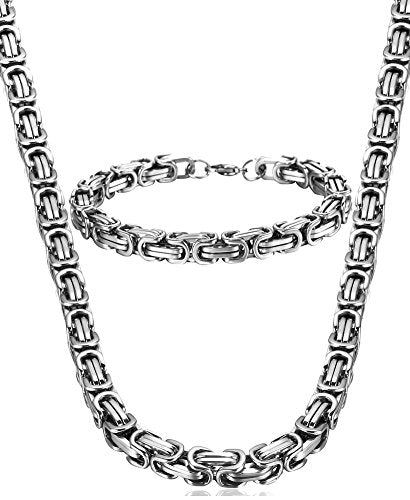 Stainless Steel Male Chain Necklace & Bracelet Jewelry Set, 8mm Wide, 8.5 Inch Bracelet