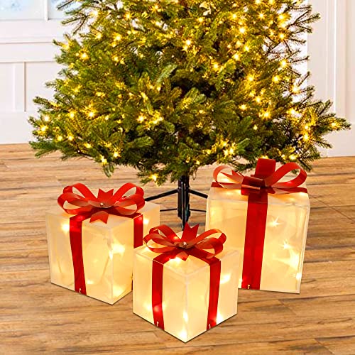 Twinkle Star Set of 3 Christmas Lighted Pop Up Gift Boxes Decorations, Tinsel Present Box, Pre-lit 60 LED Light