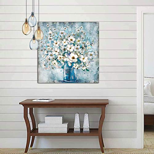 White Flower in Blue Bottle  Wall Art Canvass