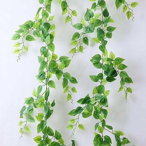 2 Strands Artificial Vines Scindapsus Garland 6FT Real Touch Fake Vine with Silk Green Leaves Faux Hanging Plants