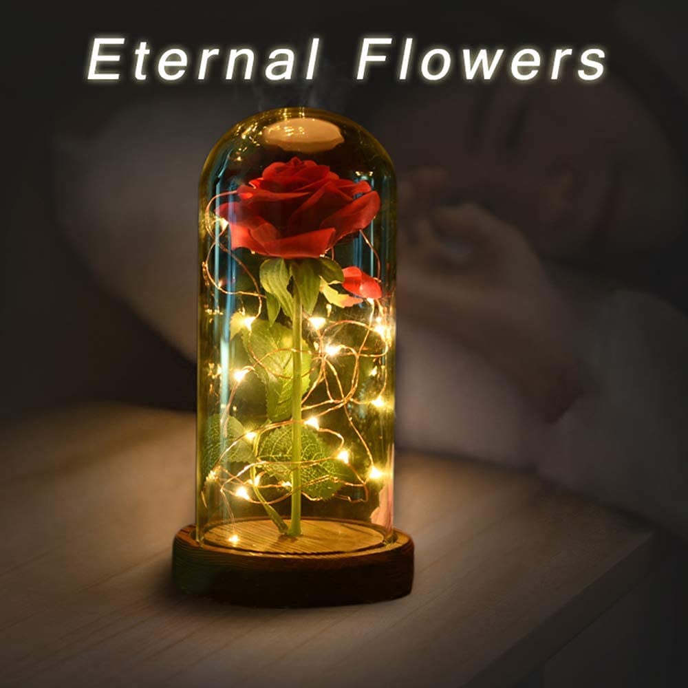 Preserved Rose Enchanted Red Silk Rose in Glass Dome w/ LED Lights Pine Base