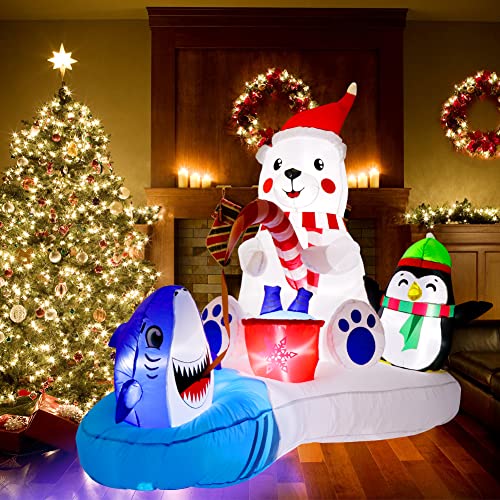 6FT Christmas Inflatables Polar Bear Fishing with Penguin