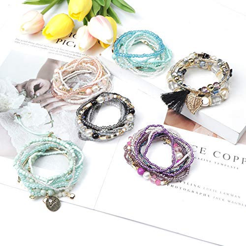 6 Sets Bohemian Stackable Bead Bracelets for Women Stretch Multilayer