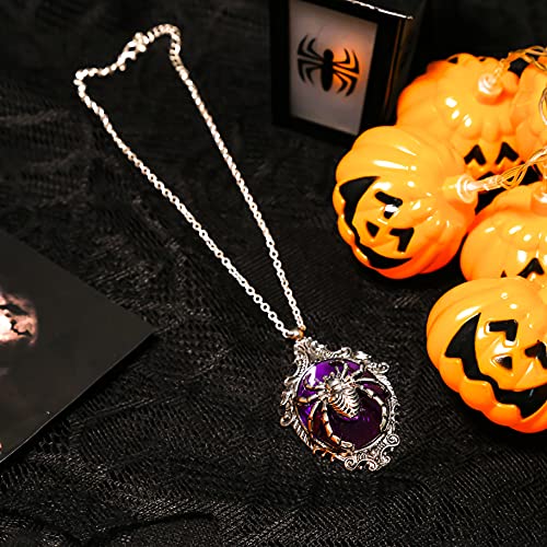 Halloween Costumes Jewelry For Women, Gothic Retro Purple Glass Stone Oval Pendant Necklace Scary Spider