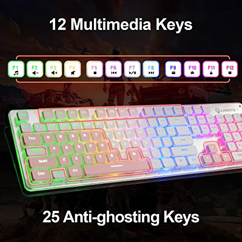 Quite Gaming Keyboard, Colorful LED Backlit USB Wired 25 Keys Anti-ghosting Computer Keyboard 104 Keys