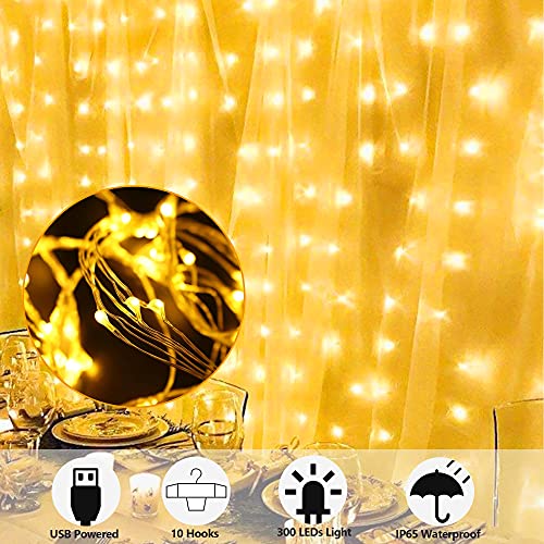 300 LED 8 Lighting Modes Fairy Copper Window Curtain String Lights with Remote