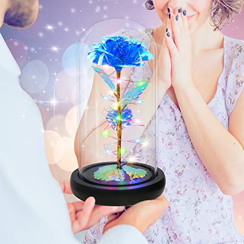 Rotating Romantic Roses Light Up Rose in Glass Dome, Spinning Colorful Artificial Rose Flower Gifts for Her