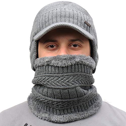 Mens Winter Beanie Visor w/ Earfaps & Fleece Hat Scarf Set