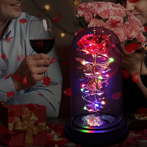 Rotating Romantic Roses Light Up Rose in Glass Dome, Spinning Colorful Artificial Rose Flower Gifts for Her